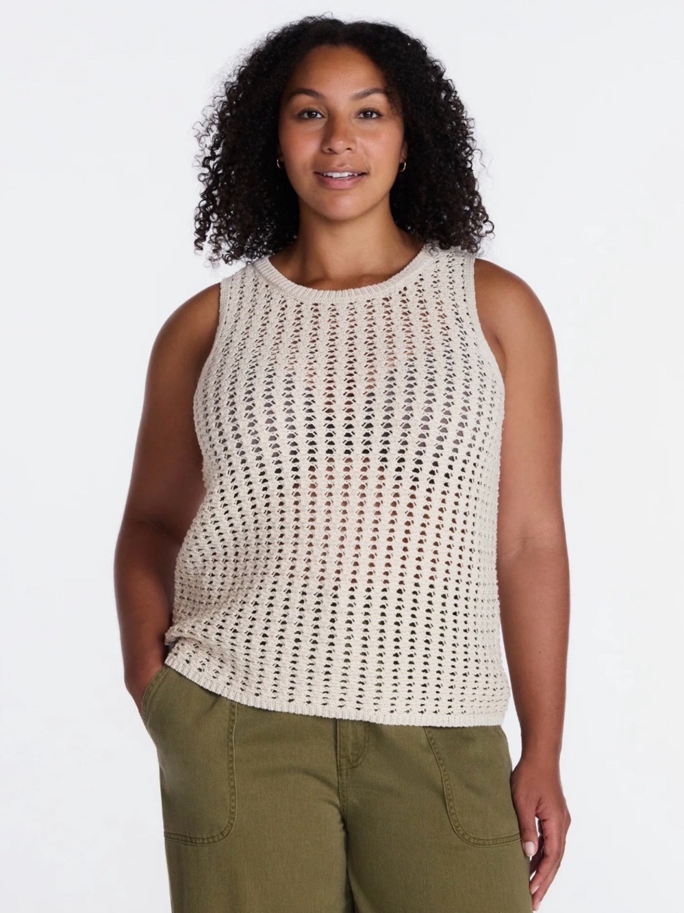 (286Sleeveless Open-Knit Tank Top - Cream